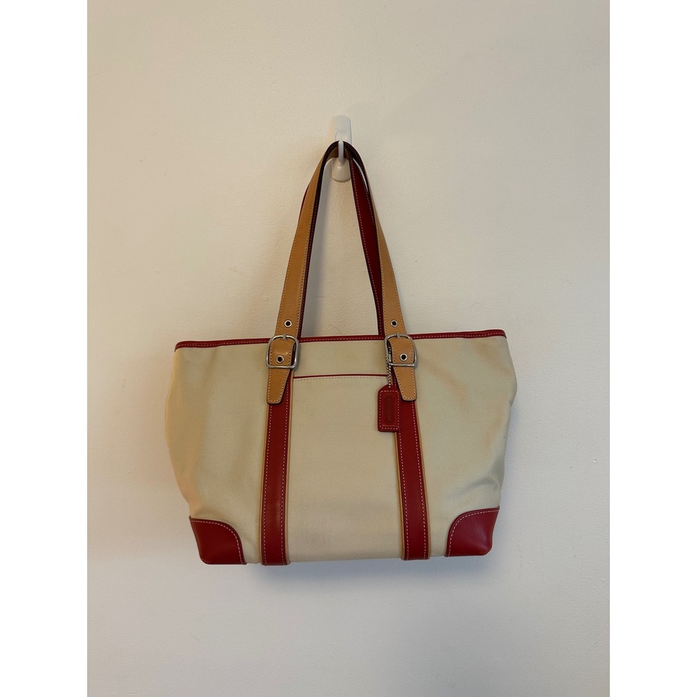 Coach Hamptons Weekend Tote Bag in Cream Canvas and Red Leather Trim